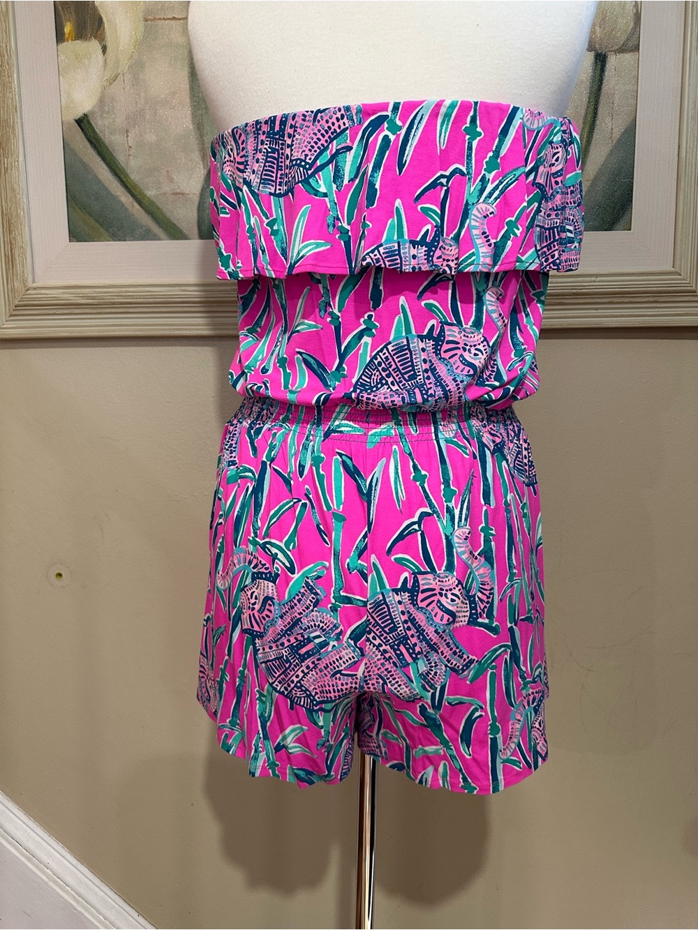 Lilly Pulitzer Pink Off Shoulder Ruffle Romper Bubblegum Pink Elephant Print  M - Picture 5 of 9